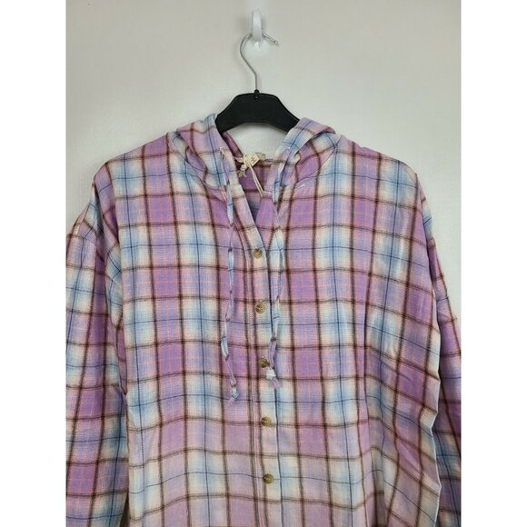 Hem and Thread Womens Hooded Shirt Large Purple Plaid Deep Dye Button Up BOHO - Picture 2 of 8